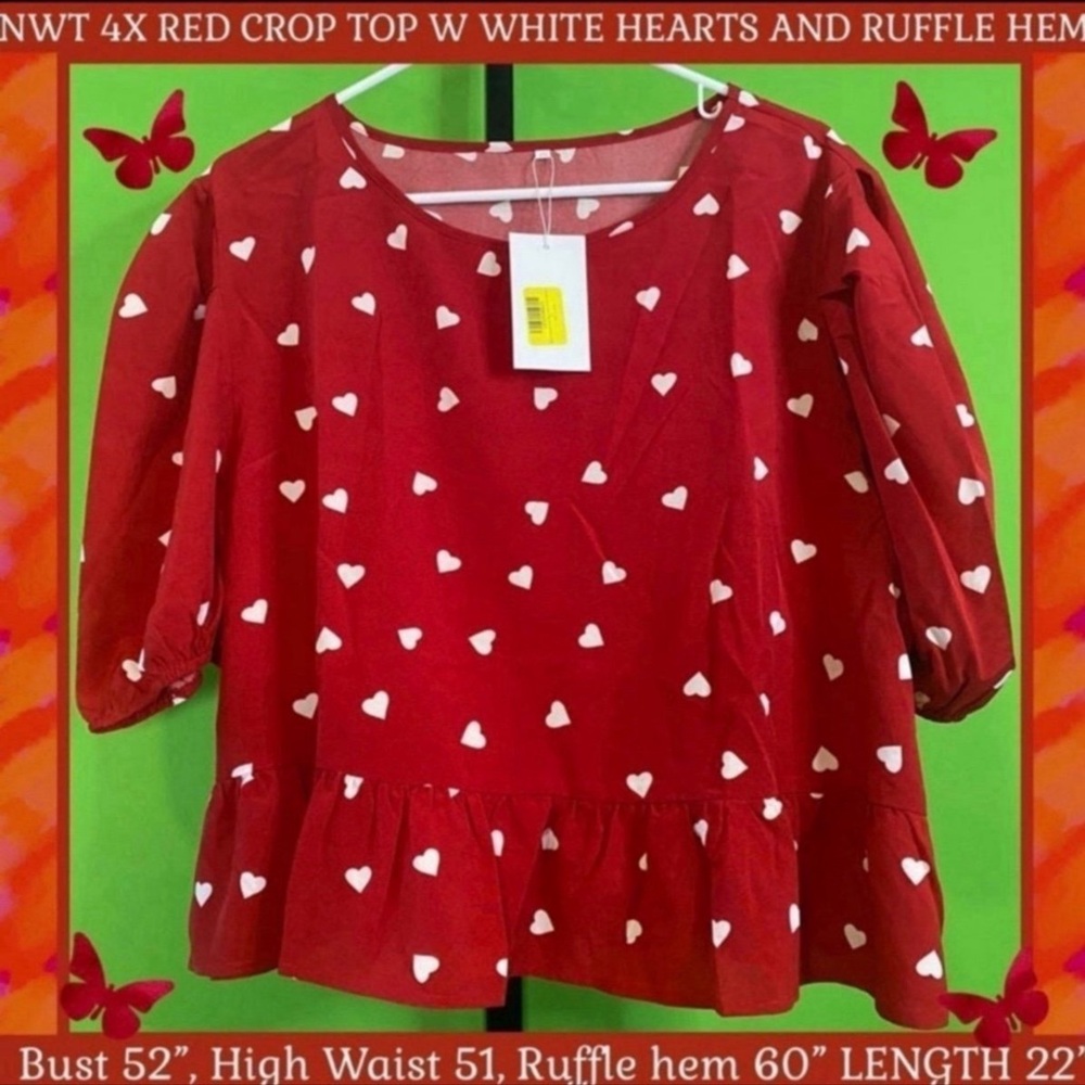 FEMME NWT 4X RED FLIRTY CROP TOP WHITE HEARTS PEPLUM HEM&PUFF SLEEVE